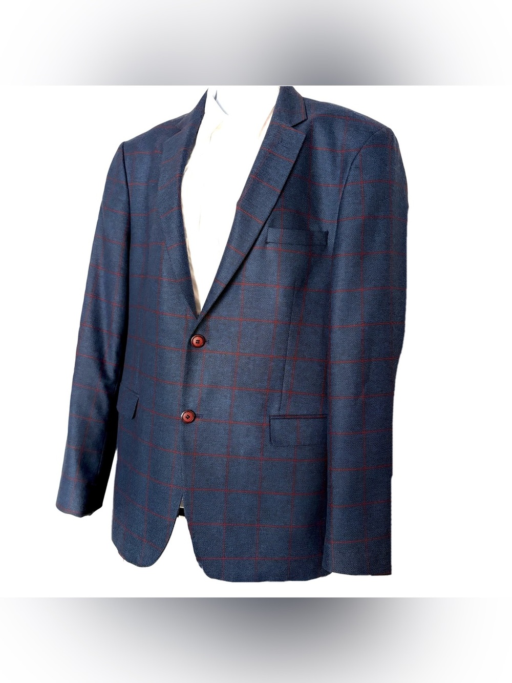 Vercini 46R Navy Windowpane Plaid Sport Coat Slim Fit Blazer Business Casual